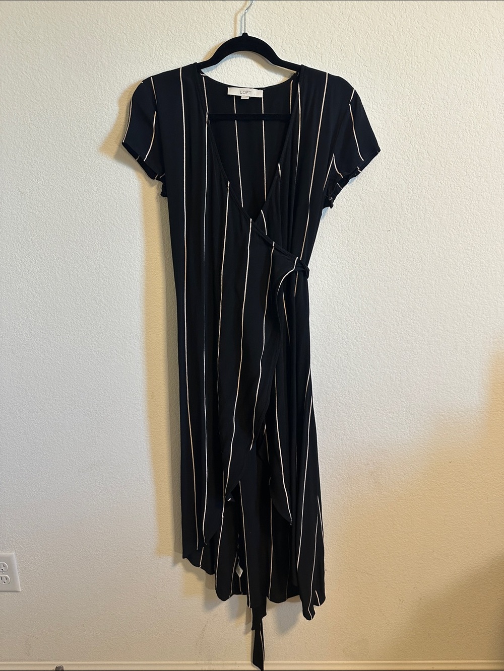LOFT Black and White Vertical Stripe Wrap Midi Dress